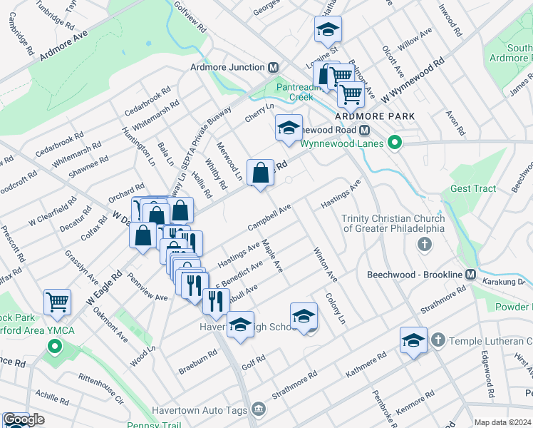 map of restaurants, bars, coffee shops, grocery stores, and more near 220 Campbell Avenue in Havertown