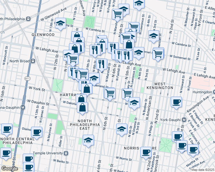 map of restaurants, bars, coffee shops, grocery stores, and more near 619 West Cumberland Street in Philadelphia