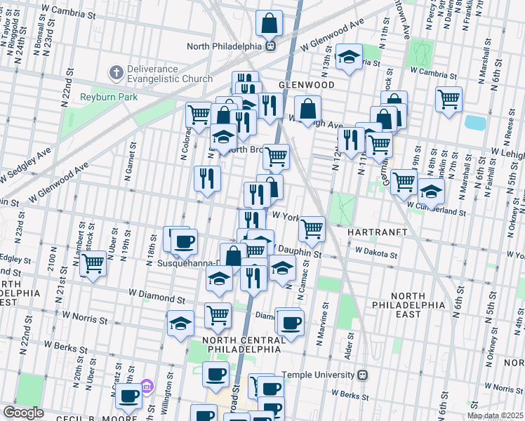 map of restaurants, bars, coffee shops, grocery stores, and more near 2402 North Broad Street in Philadelphia