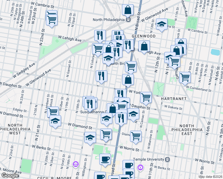 map of restaurants, bars, coffee shops, grocery stores, and more near 1508 West Boston Street in Philadelphia
