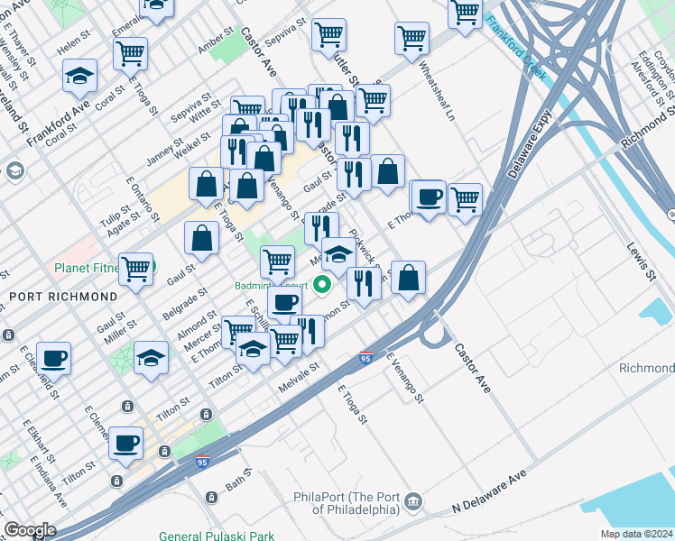 map of restaurants, bars, coffee shops, grocery stores, and more near 2639 East Venango Street in Philadelphia
