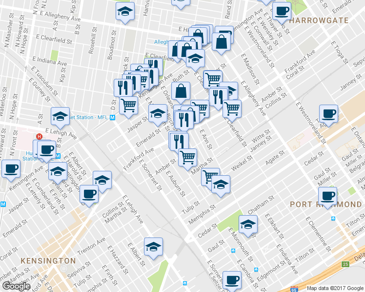 map of restaurants, bars, coffee shops, grocery stores, and more near 2056 East Birch Street in Philadelphia