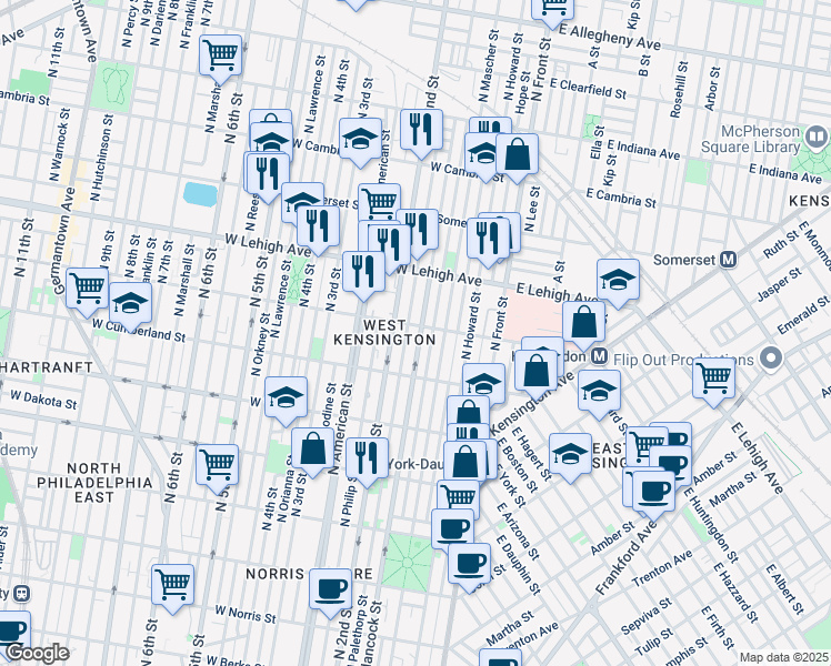 map of restaurants, bars, coffee shops, grocery stores, and more near 189 West Huntingdon Street in Philadelphia
