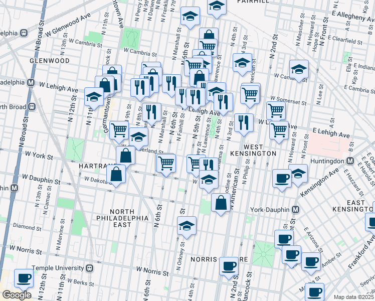 map of restaurants, bars, coffee shops, grocery stores, and more near 2536 North 5th Street in Philadelphia