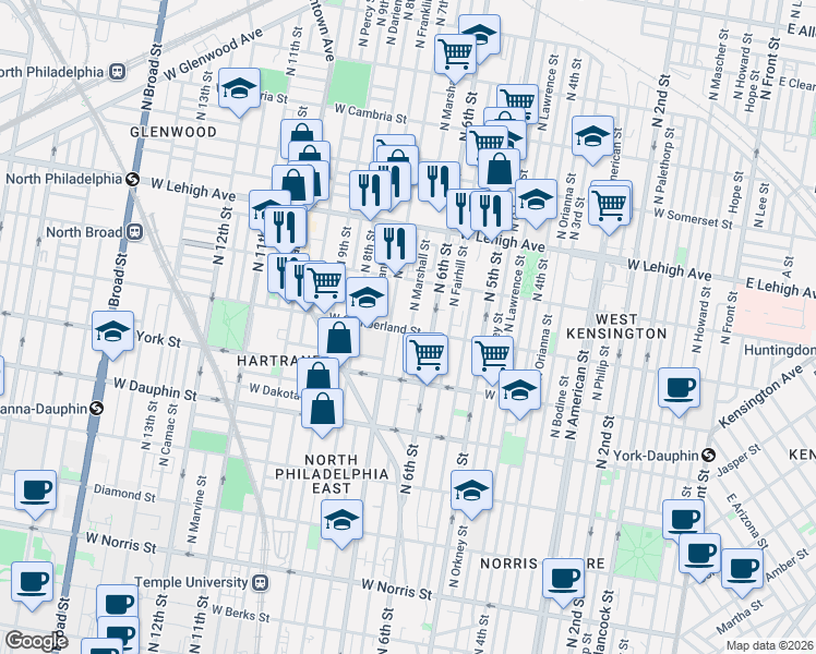 map of restaurants, bars, coffee shops, grocery stores, and more near 2517 North 7th Street in Philadelphia
