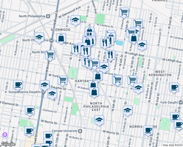 map of restaurants, bars, coffee shops, grocery stores, and more near 2501 Germantown Avenue in Philadelphia