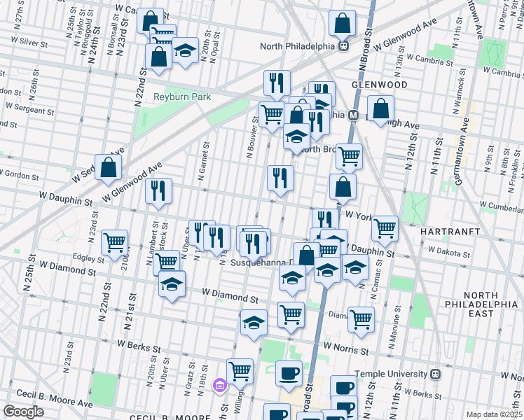 map of restaurants, bars, coffee shops, grocery stores, and more near 2400 North 17th Street in Philadelphia