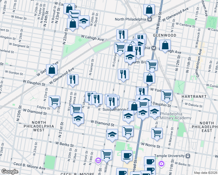 map of restaurants, bars, coffee shops, grocery stores, and more near 2400 North 17th Street in Philadelphia