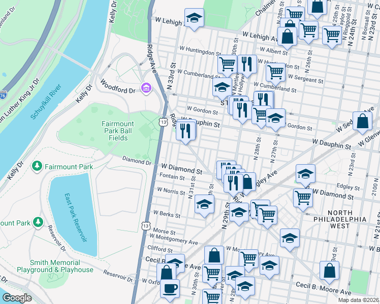 map of restaurants, bars, coffee shops, grocery stores, and more near in Philadelphia