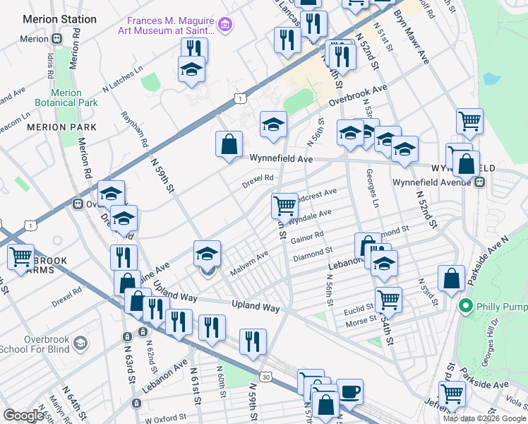 map of restaurants, bars, coffee shops, grocery stores, and more near in Philadelphia