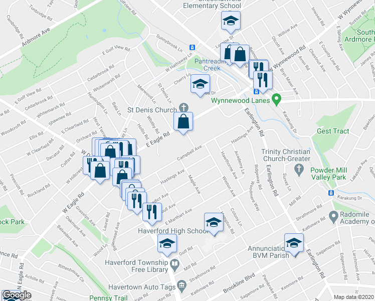 map of restaurants, bars, coffee shops, grocery stores, and more near 220 Campbell Avenue in Havertown