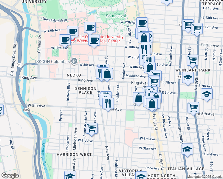 map of restaurants, bars, coffee shops, grocery stores, and more near 191 King Avenue in Columbus
