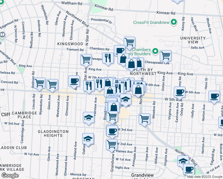 map of restaurants, bars, coffee shops, grocery stores, and more near 1573 Grandview Avenue in Columbus