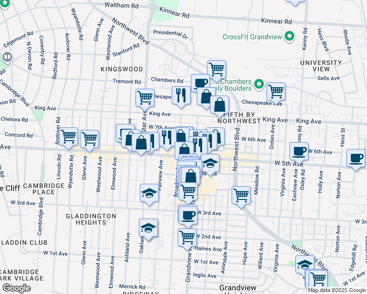map of restaurants, bars, coffee shops, grocery stores, and more near 1474 West 6th Avenue in Columbus