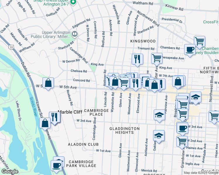 map of restaurants, bars, coffee shops, grocery stores, and more near 1645 Andover Road in Columbus