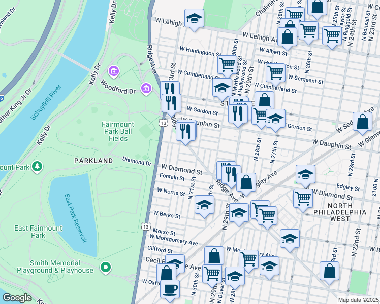 map of restaurants, bars, coffee shops, grocery stores, and more near 3118 Ridge Avenue in Philadelphia