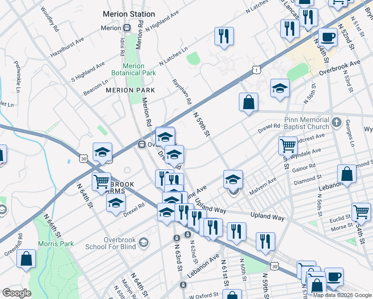 map of restaurants, bars, coffee shops, grocery stores, and more near Upland Way & Overbrook Avenue in Philadelphia