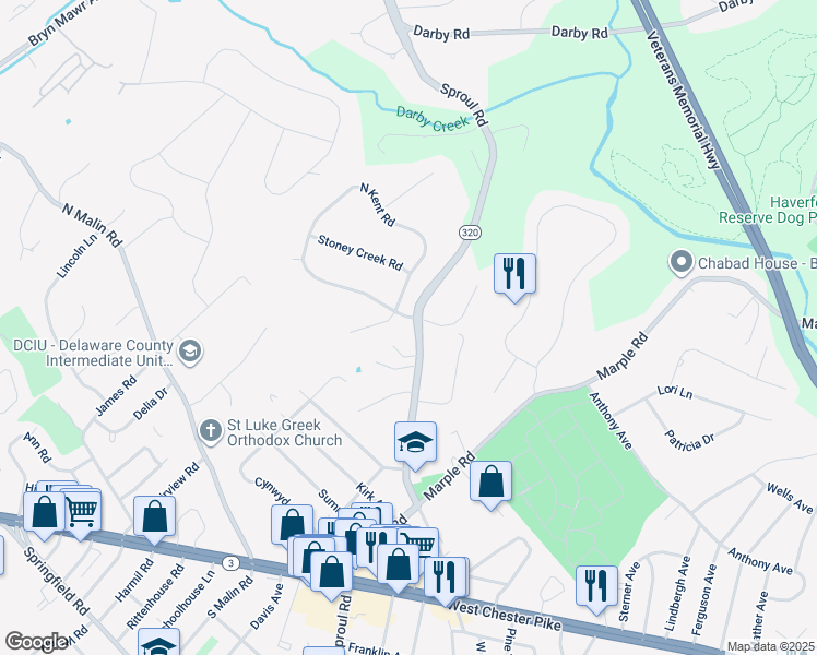 map of restaurants, bars, coffee shops, grocery stores, and more near 2700 South Kent Road in Broomall