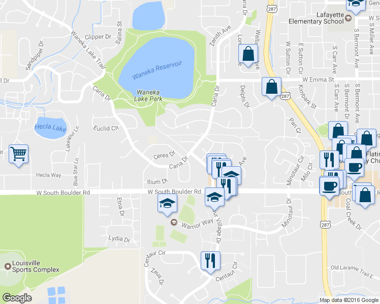 map of restaurants, bars, coffee shops, grocery stores, and more near Caria Dr & Centaur Village Dr in Lafayette