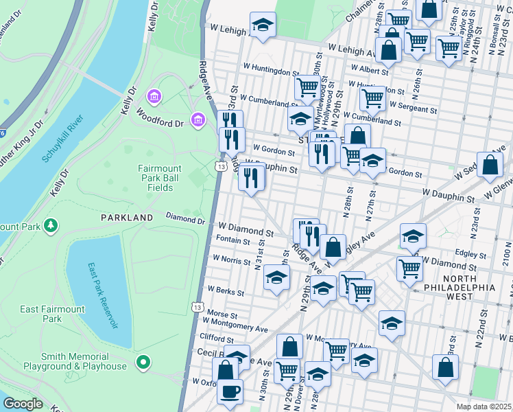 map of restaurants, bars, coffee shops, grocery stores, and more near 3118 Ridge Avenue in Philadelphia