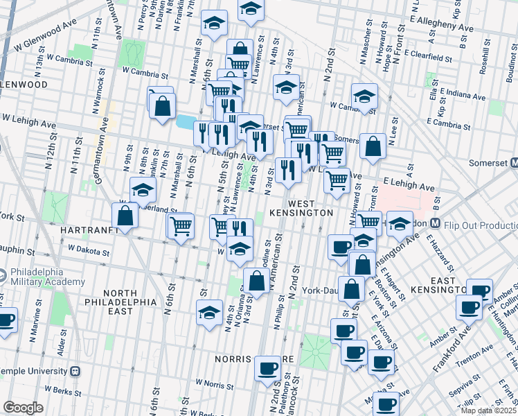map of restaurants, bars, coffee shops, grocery stores, and more near 2547 North Orianna Street in Philadelphia