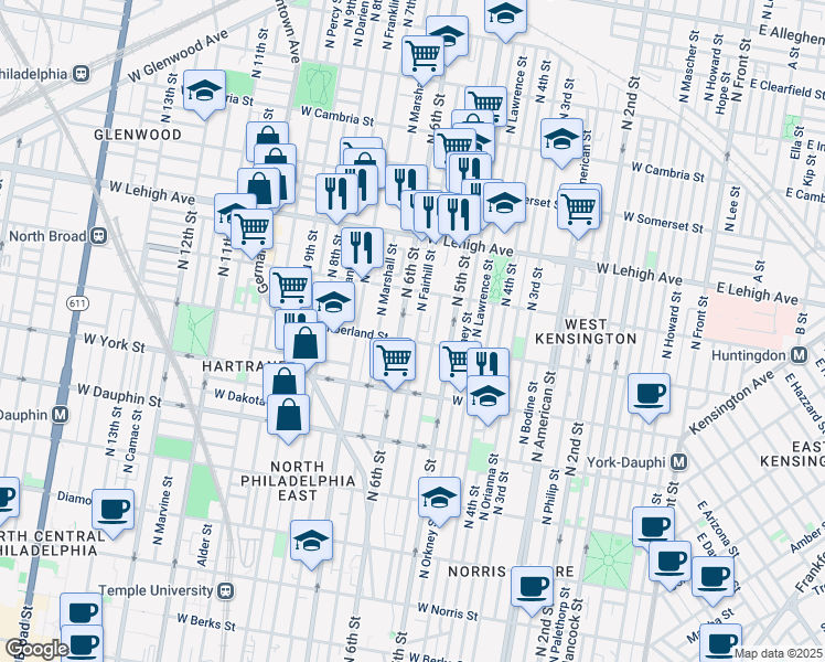 map of restaurants, bars, coffee shops, grocery stores, and more near 2510 North Fairhill Street in Philadelphia