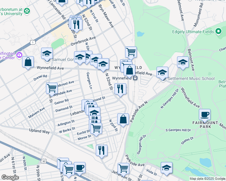map of restaurants, bars, coffee shops, grocery stores, and more near 5138 Gainor Road in Philadelphia