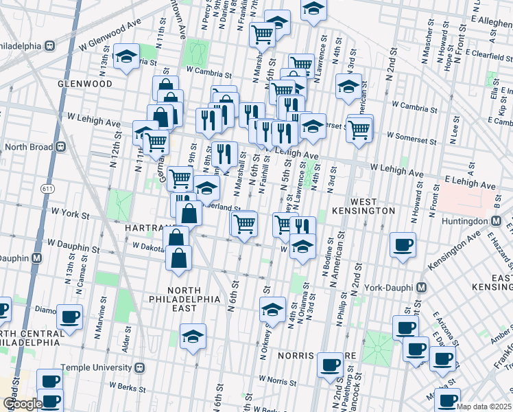 map of restaurants, bars, coffee shops, grocery stores, and more near 2510 North Fairhill Street in Philadelphia