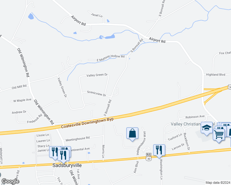 map of restaurants, bars, coffee shops, grocery stores, and more near 340 South Bonsall Road in Coatesville