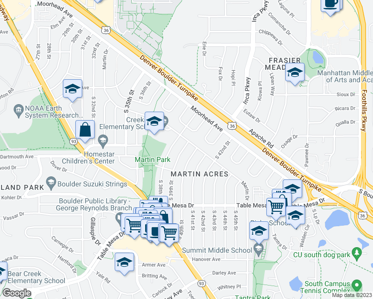 map of restaurants, bars, coffee shops, grocery stores, and more near 190 South 38th Street in Boulder