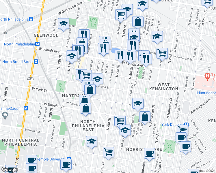 map of restaurants, bars, coffee shops, grocery stores, and more near 2517 North 7th Street in Philadelphia