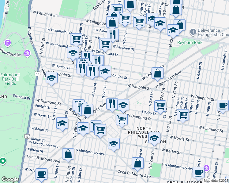 map of restaurants, bars, coffee shops, grocery stores, and more near 2226 North 26th Street in Philadelphia