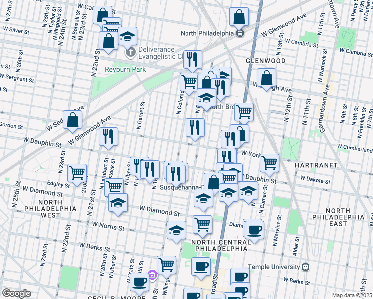 map of restaurants, bars, coffee shops, grocery stores, and more near 2346 North Smedley Street in Philadelphia