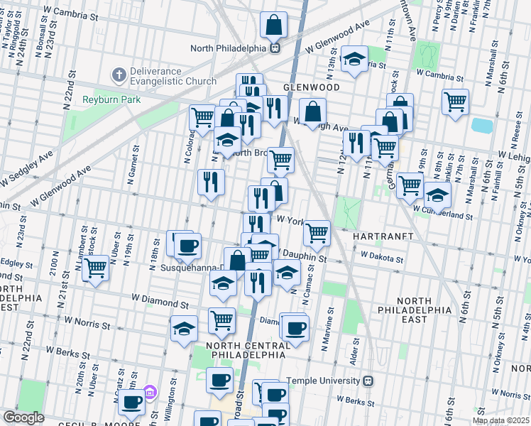 map of restaurants, bars, coffee shops, grocery stores, and more near 2402 North Broad Street in Philadelphia