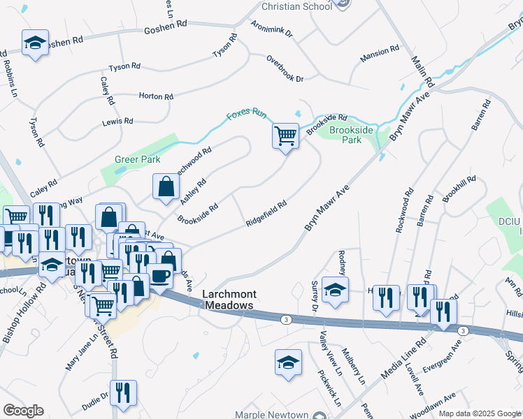 map of restaurants, bars, coffee shops, grocery stores, and more near 134 Ridgefield Road in Newtown Square