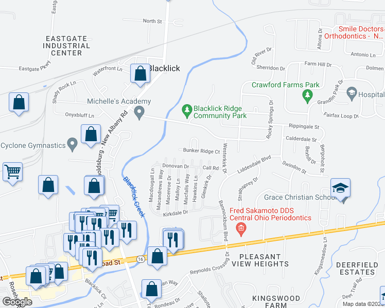 map of restaurants, bars, coffee shops, grocery stores, and more near 7443 Bunker Ridge Court in Blacklick