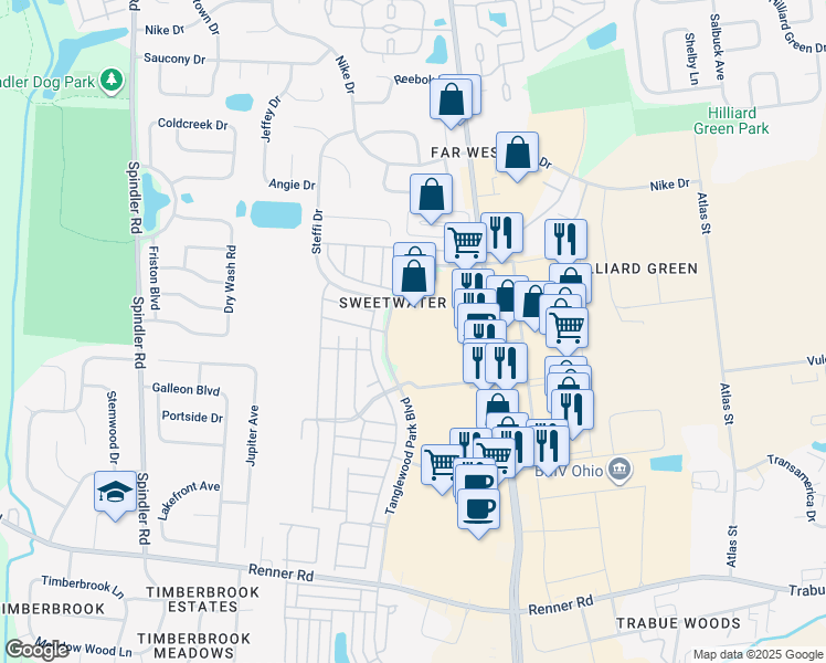 map of restaurants, bars, coffee shops, grocery stores, and more near 1855 Hilliard Rome Road in Hilliard