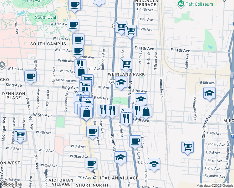 map of restaurants, bars, coffee shops, grocery stores, and more near 211 East 7th Avenue in Columbus