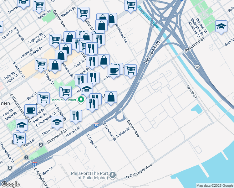 map of restaurants, bars, coffee shops, grocery stores, and more near 3720 Richmond Street in Philadelphia