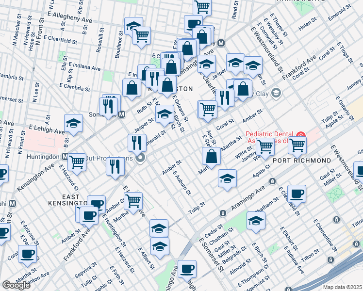 map of restaurants, bars, coffee shops, grocery stores, and more near 2044 East Monmouth Street in Philadelphia