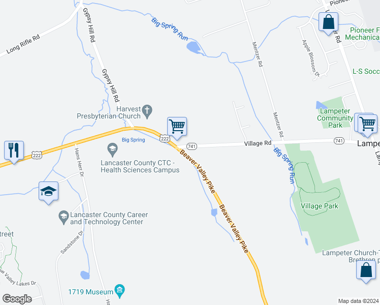 map of restaurants, bars, coffee shops, grocery stores, and more near 605 Beaver Valley Pike in Lancaster