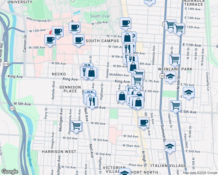 map of restaurants, bars, coffee shops, grocery stores, and more near 1351 Hunter Avenue in Columbus