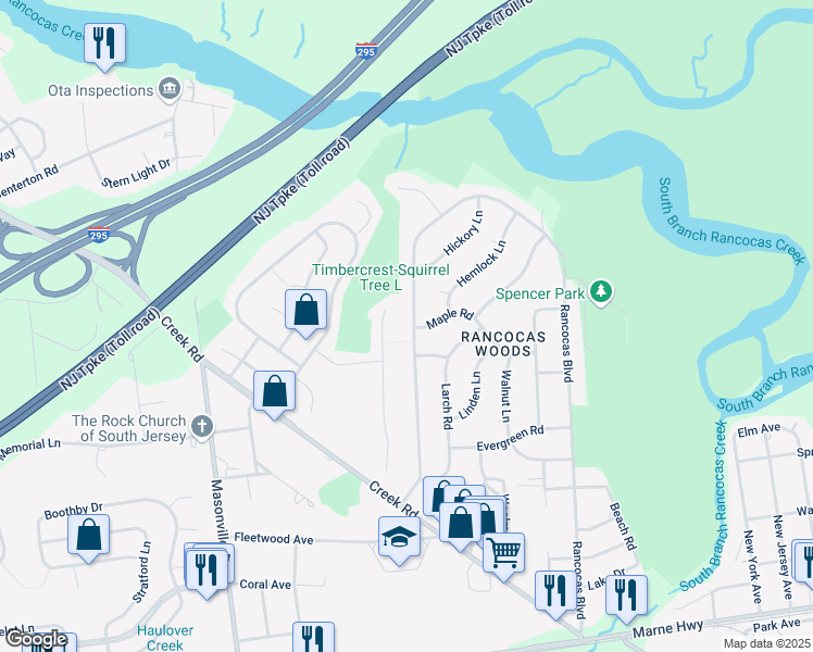 map of restaurants, bars, coffee shops, grocery stores, and more near 407 Timberline Drive in Mount Laurel Township