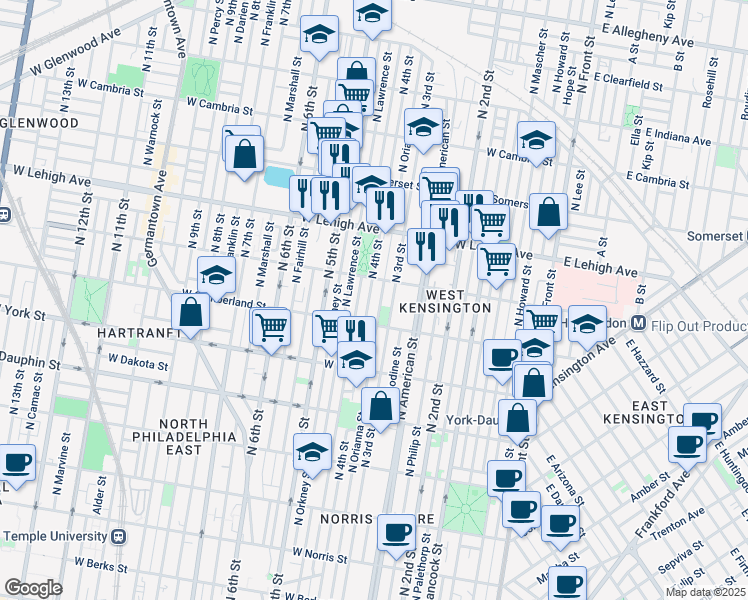 map of restaurants, bars, coffee shops, grocery stores, and more near 2535 North 4th Street in Philadelphia
