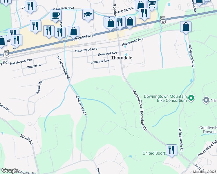 map of restaurants, bars, coffee shops, grocery stores, and more near 1537 Red Rock Drive in Downingtown