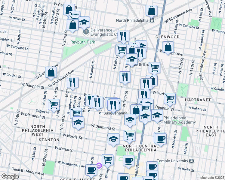 map of restaurants, bars, coffee shops, grocery stores, and more near 2400 North 17th Street in Philadelphia