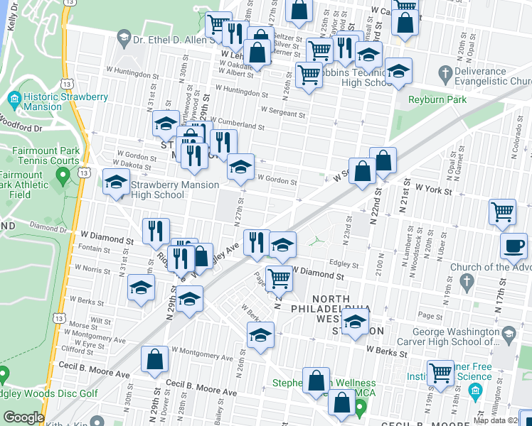map of restaurants, bars, coffee shops, grocery stores, and more near 2226 North 26th Street in Philadelphia