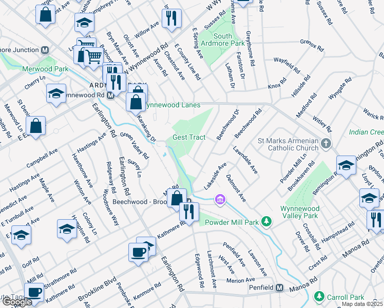 map of restaurants, bars, coffee shops, grocery stores, and more near 1613 Pelham Avenue in Havertown