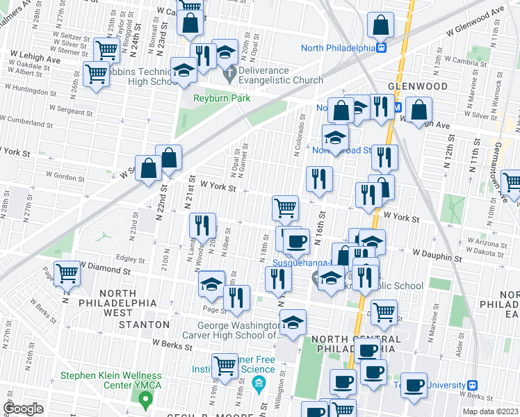map of restaurants, bars, coffee shops, grocery stores, and more near 2336 North Cleveland Street in Philadelphia