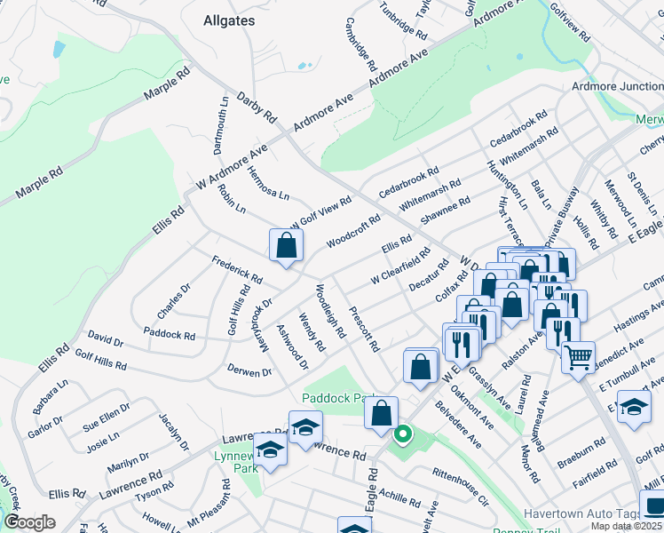 map of restaurants, bars, coffee shops, grocery stores, and more near 136 Ellis Road in Havertown